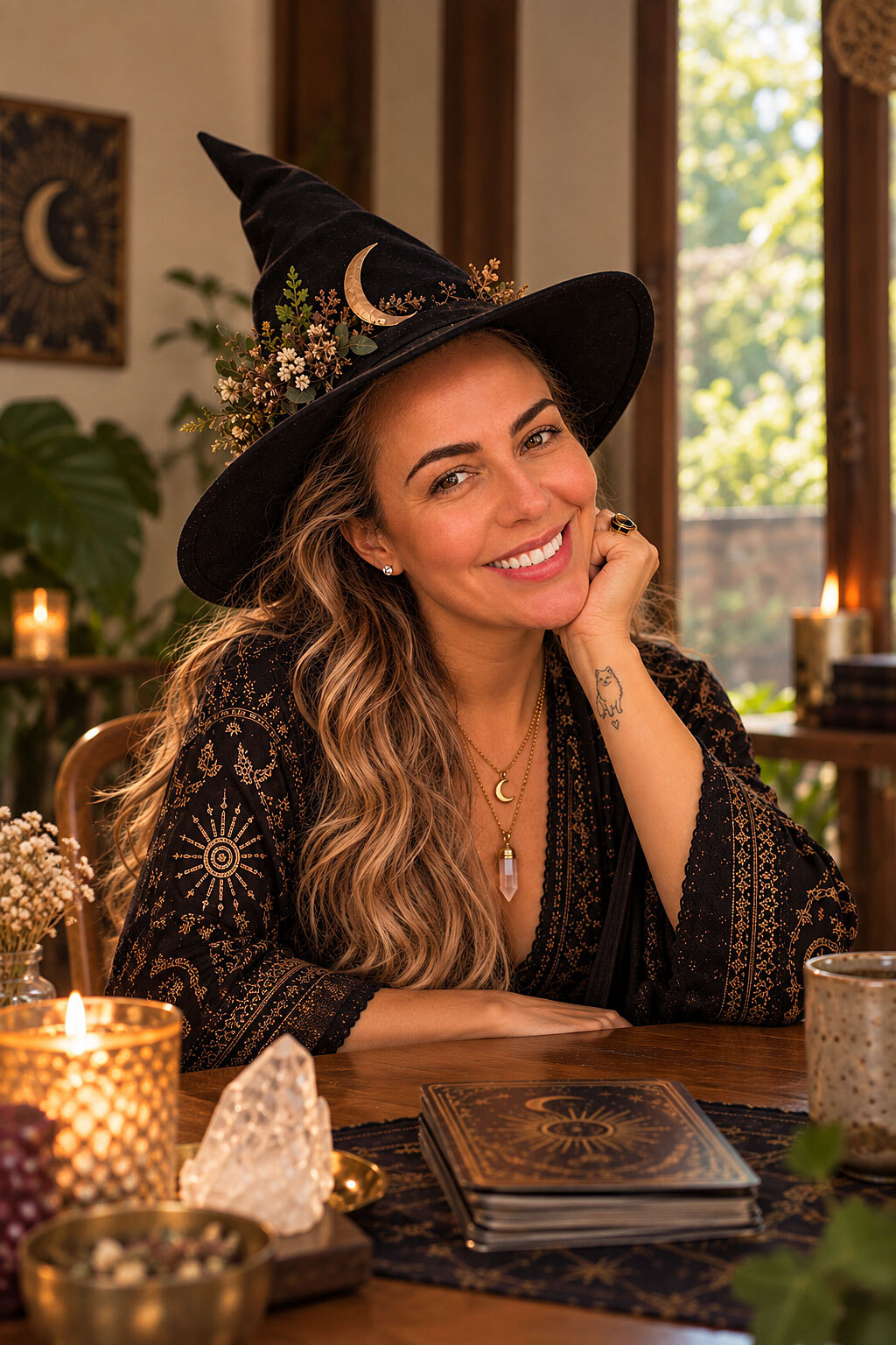 Denise com cartas de Tarô em um ambiente acolhedor